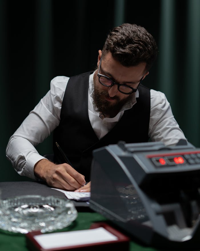 our-story Croupier counting cash at a casino, wearing a suit and glasses.